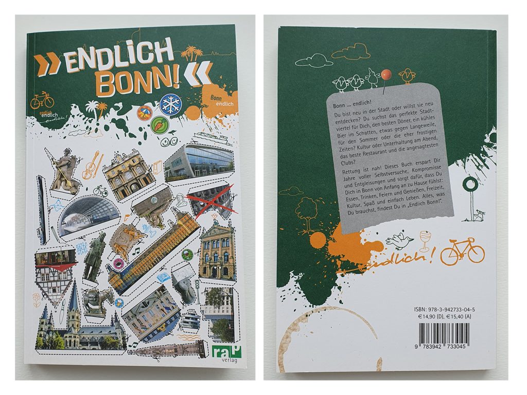 Das Foto zeigt die Vorder- und Rückseite des Buchs „Endlich Bonn!“ Dein Stadtführer. 