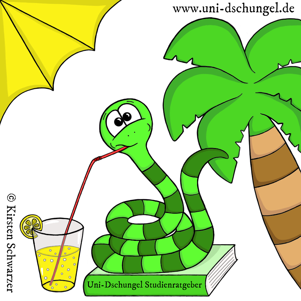 Eine gezeichnete Szene aus dem Uni-Dschungel: Die grün geringelte Uni-Dschungel-Schlange schlürft im Schatten eines gelben Sonnenschirms und einer Palme mithilfe eines roten Strohhalms genüsslich ein Glas Limonade, das mit einer Zitronenscheibe garniert ist. Sie sitzt dabei halb eingerollt auf einem grünen Buch. Dabei handelt es sich um den Uni-Dschungel-Studienratgeber.  