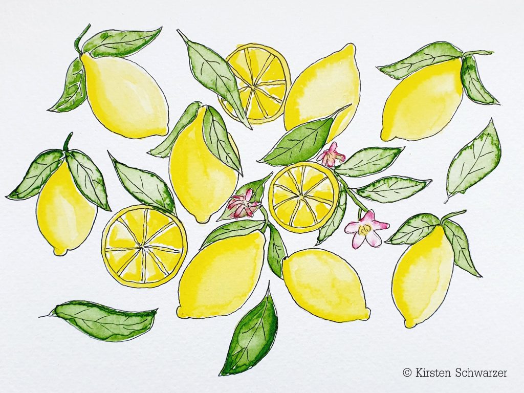 Die selbstgemalte Illustration zeigt Zitronen mit ihren BlÃ¼ten und BlÃ¤ttern sowie halbe Zitronen in Aquarell. 
Kaleidoscope Arts - die kreative Textschmiede mit KÃ¶pfchen